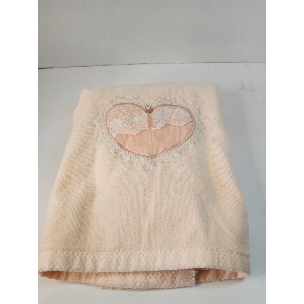 Vtg 1980s Bibb Mills Bath Towel Peach Pink Satin Lace Heart Cottagecore Coquette